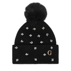 Czapka Guess. Czarne czapki damskie Guess, na zimę, z aplikacjami. Za 154.99 zł.