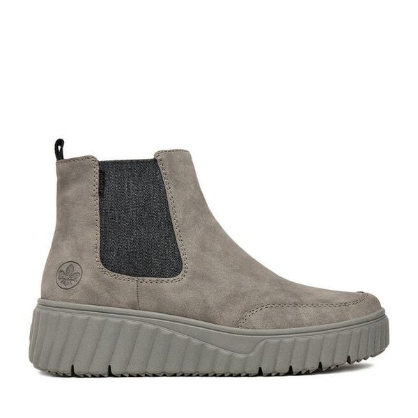 Botki Rieker. Szare botki damskie Rieker, bez wzorów, bez obcasa, na płaskiej podeszwie, bez zapięcia. Za 379.99 zł.