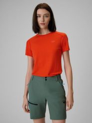 4F Koszulka trekkingowa z wełną merino damska - pomarańczowa S. Brązowe bluzki damskie 4F, l, bez wzorów, z tkaniny, wizytowe, bez kołnierzyka, bez ramiączek. Za 199.99 zł.