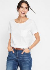 Długi T-shirt z czystej bawełny organicznej. Białe t-shirty damskie bonprix, bez wzorów, z bawełny, bez kołnierzyka, bez ramiączek. Za 37.99 zł.