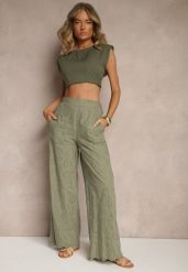 Zielone Bawełniane Haftowane Spodnie High Waist o Szerokim Kroju Milirelia. Zielone spodnie materiałowe damskie Renee, z aplikacjami, z bawełny, z podwyższonym stanem. Za 99.99 zł.