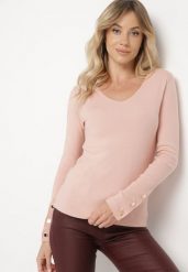 Jasnoróżowy Sweter z Dekoltem V i Ozdobnymi Guzikami na Rękawach Atterisa. Czerwone swetry nierozpinane damskie Born2be, m, bez wzorów, z jeansu, bez kołnierzyka, bez ramiączek. Za 89.99 zł.