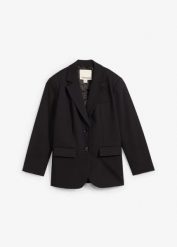 Żakiet oversize z lekkimi poduszkami w ramionach. Czarne marynarki i żakiety damskie bonprix, bez wzorów, bez kołnierzyka, bez ramiączek. Za 239.99 zł.