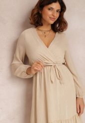 Beżowa Sukienka Iphina. Brązowe sukienki damskie Renee, l, z aplikacjami, z materiału, eleganckie, bez kołnierzyka, bez ramiączek, mini, kopertowe. Za 99.99 zł.