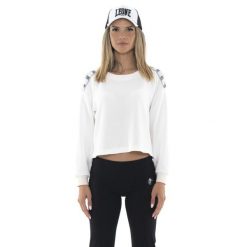 Bluza lekki z ściągacze na co dzień na siłownię. Białe bluzy damskie LEONE 1947 APPAREL, bez wzorów, z bawełny, sportowe, bez ramiączek, bez kaptura. W wyprzedaży za 136.83 zł.