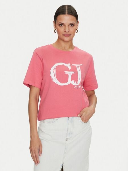 Guess T-Shirt Sara V4YI01 K8FQ4 Różowy Regular Fit. Czerwone t-shirty damskie Guess, xs, z aplikacjami, z bawełny, bez kołnierzyka, bez ramiączek. Za 79.99 zł.