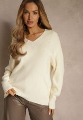 Jasnobeżowy Sweter z Dodatkiem Kaszmiru i Trójkątnym Dekoltem Silefera. Brązowe swetry nierozpinane damskie Renee, bez wzorów, z jeansu, casualowe, bez kołnierzyka, bez ramiączek. Za 99.99 zł.