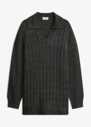 Sweter z warkoczowym splotem z mieszanki wiskozy. Brązowe swetry nierozpinane damskie bonprix, bez wzorów, prążkowane, bez kołnierzyka, bez ramiączek. Za 134.99 zł.