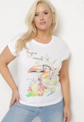 Biały T-shirt z Bawełny z Nadrukiem i Metalicznym Napisem Norsemi. Białe t-shirty damskie Born2be, xl, bez wzorów, z bawełny, bez kołnierzyka, bez ramiączek. Za 34.99 zł.