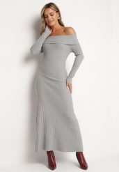 Szara Rozkloszowana Sukienka z Wiskozą i Odkrytymi Ramionami Siannela. Szare sukienki damskie Born2be, na co dzień, s, bez wzorów, z jeansu, eleganckie, bez kołnierzyka, bez ramiączek, midi, dopasowane. Za 169.99 zł.