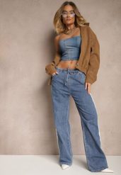Niebieskie Szerokie Jeansy z Gumką w Talii Zdobione Lampasami Nusiela. Niebieskie jeansy damskie Renee, z aplikacjami, z jeansu, eleganckie. Za 129.99 zł.