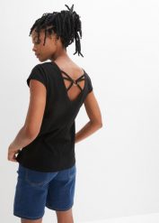 T-shirt z czystej bawełny organicznej. Czarne t-shirty damskie bonprix, bez wzorów, z bawełny, eleganckie, bez kołnierzyka, bez ramiączek. Za 42.99 zł.