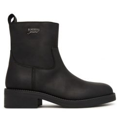 Botki Tommy Jeans. Czarne botki damskie Tommy Jeans, bez wzorów, z jeansu, bez obcasa, na płaskiej podeszwie, bez zapięcia. Za 649.99 zł.