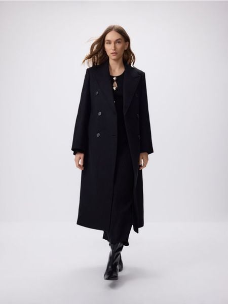 Płaszcz z wełną Manteco - czarny. Czarne płaszcze damskie Reserved, l, bez wzorów, z tkaniny, bez kołnierzyka, bez kaptura. Za 699.99 zł.