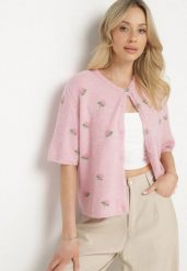 Różowy Sweter Kardigan z Krótkim Rękawem z Wiskozą w Ozdobny Print Korinelia. Czerwone kardigany damskie Born2be, s, bez wzorów, z jeansu, eleganckie, bez kołnierzyka. Za 139.99 zł.