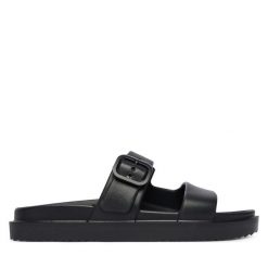 Klapki Tommy Hilfiger. Czarne klapki damskie Tommy Hilfiger, bez wzorów, bez obcasa, bez zapięcia. Za 209.99 zł.