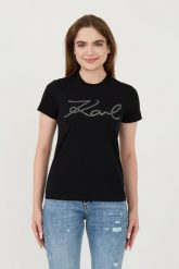 KARL LAGERFELD Czarny t-shirt Rhinestone Logo. Czarne t-shirty damskie KARL LAGERFELD, xs, bez wzorów, bez kołnierzyka, bez ramiączek. W wyprzedaży za 299.99 zł.