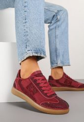 Bordowe Sneakersy Tenisówki Ozdobione Cyrkoniami Amoiona. Czerwone trampki i tenisówki damskie Renee, bez wzorów, z jeansu, bez zapięcia. Za 89.99 zł.