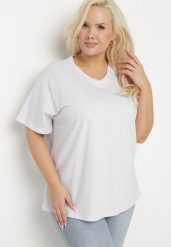 Jasnoszary T-shirt z Bawełny z Dekoltem w Serek Aveltebia. Szare t-shirty damskie Born2be, uniwersalny, bez wzorów, z bawełny, klasyczne, bez kołnierzyka, bez ramiączek. Za 34.99 zł.