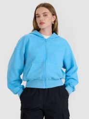 4F Bluza dresowa rozpinana z kapturem damska - niebieska L. Niebieskie bluzy damskie 4F, l, bez wzorów, z bawełny, klasyczne, bez ramiączek, z kapturem. W wyprzedaży za 99.99 zł.