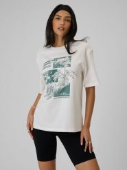 4F T-shirt loose z nadrukiem damski - biały M. Białe t-shirty damskie 4F, m, bez wzorów, z dzianiny, klasyczne, bez kołnierzyka, bez ramiączek. Za 79.99 zł.