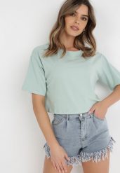 Miętowy T-shirt Rheniala. Zielone t-shirty damskie Born2be, l, bez wzorów, z bawełny, bez kołnierzyka, bez ramiączek. Za 34.99 zł.