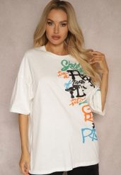 Biała Koszulka T-shirt z Napisami w Stylu Graffiti z Bawełny Venoma. Białe bluzki damskie Renee, l, bez wzorów, z bawełny, bez kołnierzyka, bez ramiączek. Za 44.99 zł.