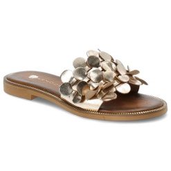Złote Klapki Armodo Modne Obuwie Damskie. Żółte klapki damskie Armodo, na lato, z aplikacjami, ze skóry, eleganckie, bez obcasa, bez zapięcia. Za 229.00 zł.