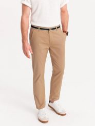 Męskie spodnie chino z ozdobną taśmą w pasie SLIM FIT – piaskowe V5 - Rozmiar: S. Eleganckie spodnie męskie Ombre Clothing, bez wzorów, z bawełny, casualowe. W wyprzedaży za 179.99 zł.