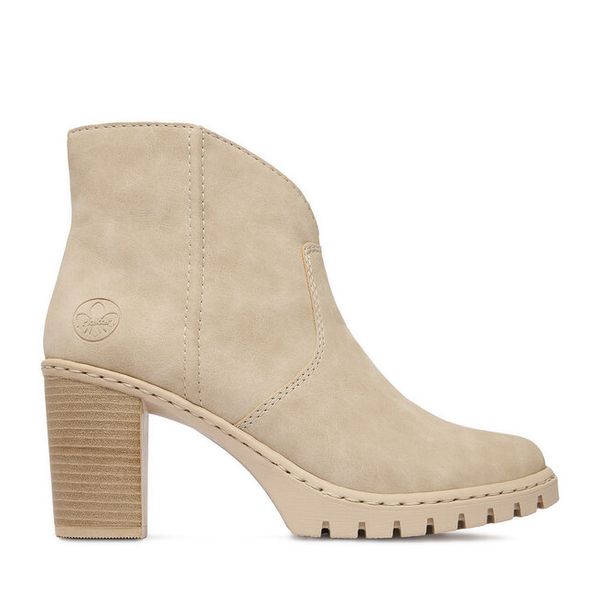 Botki Rieker. Brązowe botki damskie Rieker, bez wzorów, bez obcasa, na słupku, bez zapięcia. Za 329.99 zł.