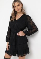 Czarna Sukienka Boho z Gumką w Pasie i Błyszczącą Nitką Gavissa. Czarne sukienki damskie Born2be, l, bez wzorów, boho, bez kołnierzyka, bez ramiączek, mini. Za 139.99 zł.