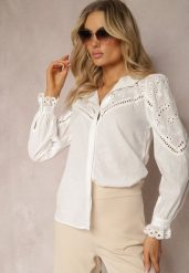 Biała Klasyczna Koszula w Stylu Boho z Bawełny z Ażurową Koronką Tilhila. Białe koszule damskie Renee, l, w ażurowe wzory, z bawełny, boho, bez kołnierzyka, bez ramiączek. Za 89.99 zł.