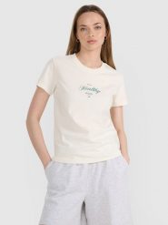 4F T-shirt regular z nadrukiem damski - biały S. Białe koszulki sportowe damskie 4F, s, bez wzorów, z bawełny, bez ramiączek. W wyprzedaży za 39.99 zł.