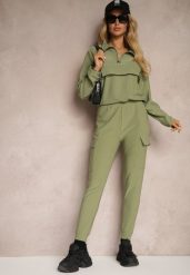 Zielony Komplet Dresowy Bluza z Suwakiem i Kołnierzem i Spodnie z Kieszeniami Cargo Taigena. Zielone bluzy damskie Renee, l, bez wzorów, z dresówki, bez ramiączek, bez kaptura. Za 79.99 zł.