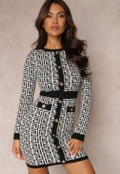 Biała Sukienka Mini ze Sweterkowego Materiału o Geometrycznym Motywie z Dodatkowymi Guzikami Isaela. Białe sukienki damskie Renee, m, bez wzorów, eleganckie, bez kołnierzyka, bez ramiączek, mini. Za 84.99 zł.