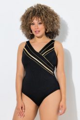 Damskie Strój kąpielowy złota lamówka w kopertowym stylu miękkie miseczki. Czarne stroje kąpielowe damskie Ulla Popken, plus size, bez wzorów, z elastanu. Za 239.99 zł.