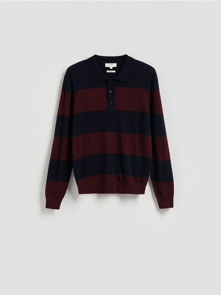Sweter polo z wełny merino - granatowy. Niebieskie swetry męskie Reserved, l, bez wzorów, z wełny, bez kołnierzyka, bez ramiączek. Za 219.99 zł.