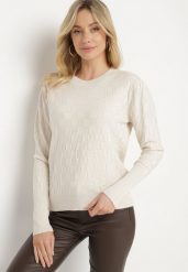 Jasnobeżowy Sweter z Wiskozą Modalem i Ozdobnym Splotem Jaliti. Brązowe swetry nierozpinane damskie Born2be, m, bez wzorów, z jeansu, wizytowe, bez kołnierzyka, bez ramiączek. Za 74.99 zł.