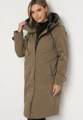 Ciemnozielona Pudełkowa Kurtka Typu Parka z Kapturem i Kieszeniami Kaithraea. Zielone kurtki damskie Born2be, l, bez wzorów, z wełny, z kapturem. Za 349.99 zł.