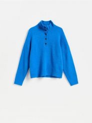 Sweter z domieszką wełny - niebieski. Niebieskie swetry nierozpinane damskie Reserved, l, bez wzorów, z dzianiny, bez kołnierzyka, bez ramiączek. Za 139.99 zł.
