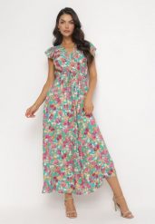 Zielona Rozkloszowana Sukienka Maxi w Kwiaty Illuma. Zielone sukienki damskie Born2be, l, bez wzorów, z materiału, bez kołnierzyka, bez ramiączek, maxi, kopertowe. Za 79.99 zł.