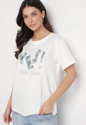 Biały T-shirt z Bawełny Ozdobiony Cekinami i Cyrkoniami Camiren. Białe t-shirty damskie Born2be, l, z aplikacjami, z bawełny, eleganckie, bez kołnierzyka, bez ramiączek. Za 34.99 zł.