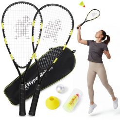 Zestaw do crossmintona: 2 rakiety aluminiowe 59 cm, 5 lotek, stożki, torba. Czarne torby sportowe męskie HYPERMOTION, bez wzorów, z materiału. Za 79.90 zł.