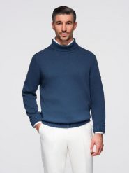 Męski golf sweter z dzianiny – ciemnoniebieski V2 - Rozmiar: S. Niebieskie swetry męskie Ombre Clothing, m, bez wzorów, z bawełny, biznesowe, bez kołnierzyka, bez ramiączek. Za 189.99 zł.