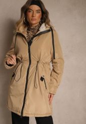 Ciemnobeżowa Kurtka Parka w Stylu Casual Ocieplana Futerkiem Olleania. Brązowe kurtki damskie Renee, s, z aplikacjami, z dzianiny. Za 199.99 zł.