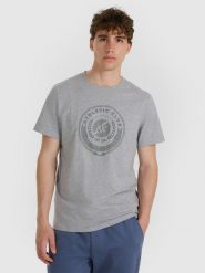 4F T-shirt regular z nadrukiem męski - szary XL. Szare t-shirty męskie 4F, m, bez wzorów, z bawełny, bez kołnierzyka, bez ramiączek. Za 69.99 zł.