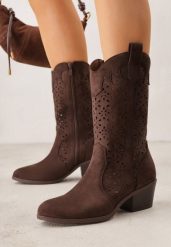 Brązowe Ażurowe Botki na Obcasie w Stylu Kowbojek Lissemi. Brązowe botki damskie Born2be, na jesień, w ażurowe wzory, z jeansu, eleganckie, bez obcasa, na obcasie, bez zapięcia. Za 149.99 zł.