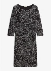 Sukienka z dżerseju ze wzorem w kwiatki. Czarne sukienki damskie bonprix, bez wzorów, z dżerseju, eleganckie, bez kołnierzyka, bez ramiączek. Za 149.99 zł.