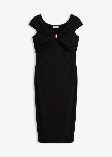 Sukienka mini. Czarne sukienki damskie bonprix, bez wzorów, z dżerseju, bez kołnierzyka, bez ramiączek, mini. Za 109.99 zł.
