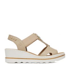 Sandały Rieker. Brązowe sandały damskie Rieker, bez wzorów, bez obcasa, na koturnie, bez zapięcia. Za 205.99 zł.